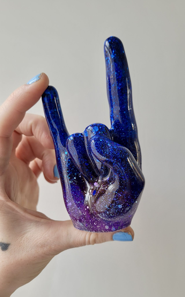 Rock On Hand Ornament – Blue & Purple, Silver Glitter - Ring Holder