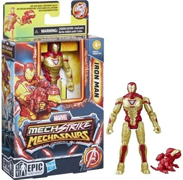 Marvel Mech Strike Mechasaurs Iron Man Figurine articulée d&#039;action 10,2 cm avec accessoires d&#039;armes pour enfants à partir de 4 ans