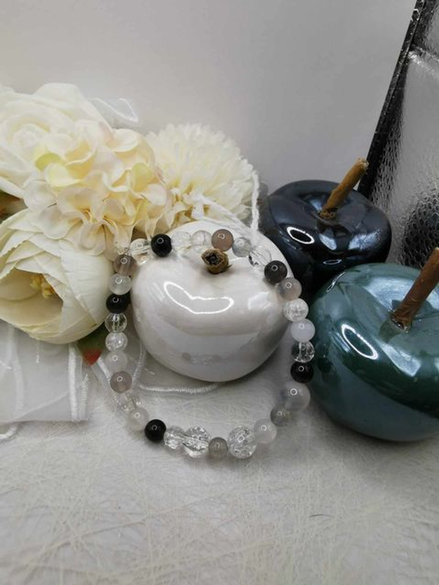 Bracelet Harmonie en Quartz Clair et Quartz Fumé – Perles de 8 et 6 mm sur Élastique