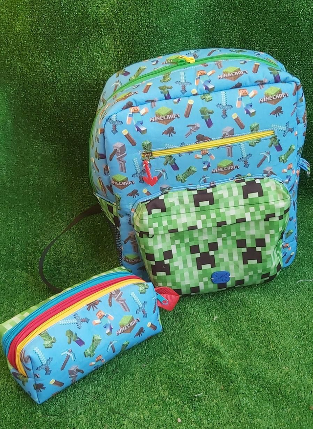 Conjunto de Mochila escolar + estojo triplo Minecraft + porta moedas