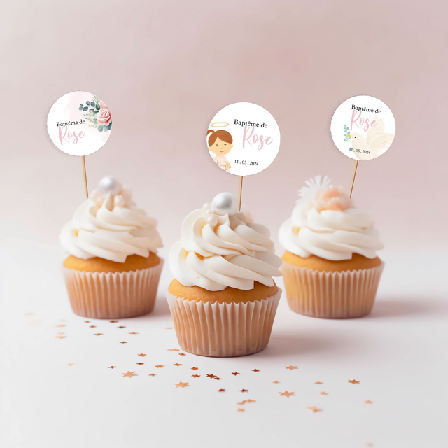 Cake toppers Baptême Fleurs & Blush rose