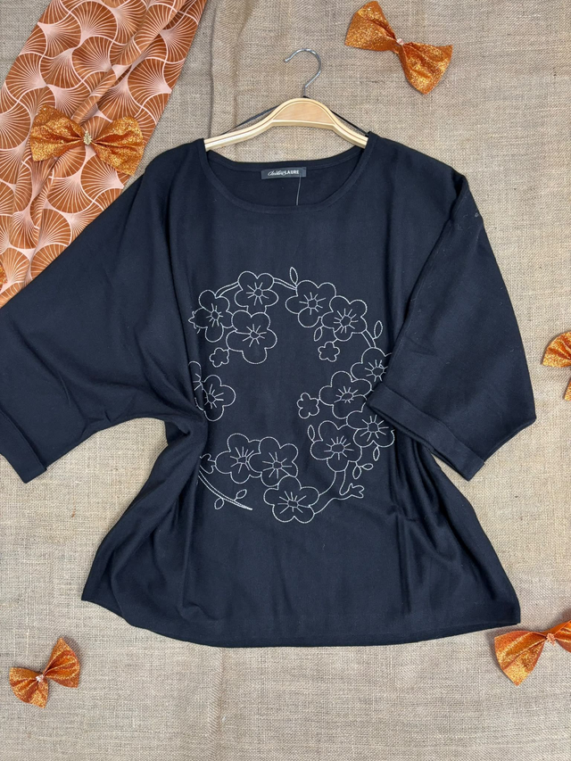 Pull Noir Fleuri Christine Laure