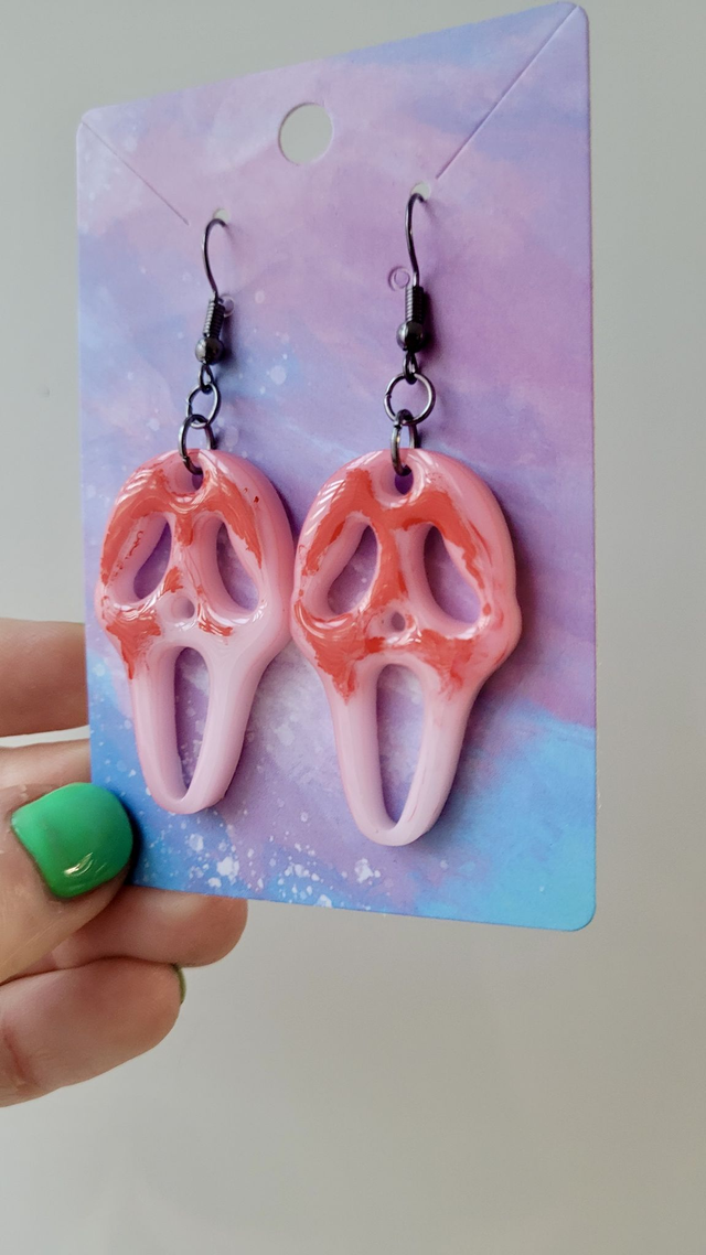 Earrings | Ghostface Scream Earrings - White Bloody | Stainless Steel Hooks - Gunmetal Black