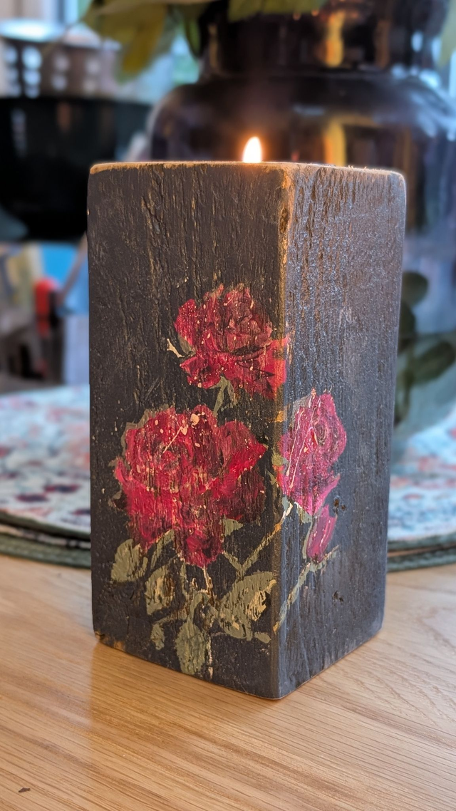 Roses striking pink painterly on navy - Tealight Holder Reclaimed Wood