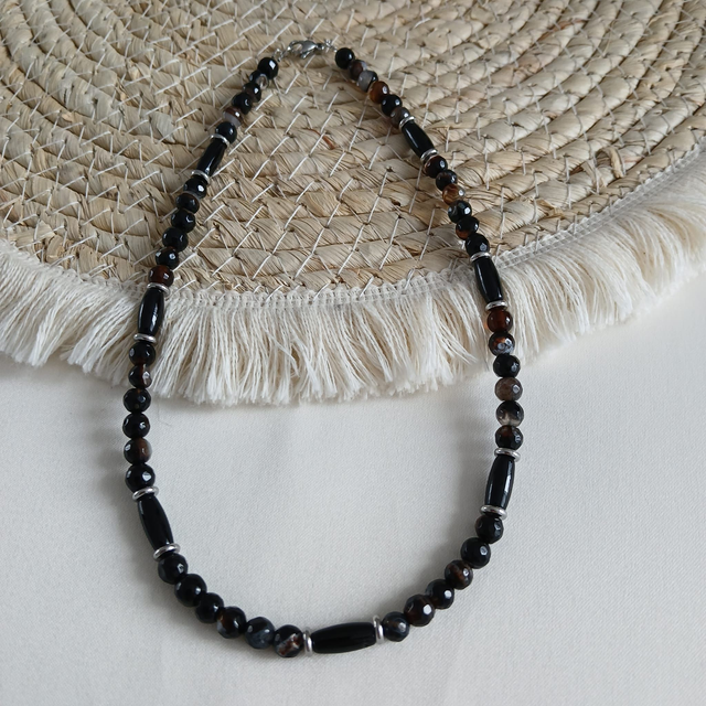 Dames ketting Agaat en Onyx - rvs spacers (1.316)