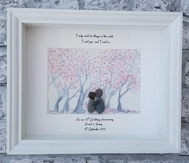 Anniversary pebble picture, blossom trees &amp; pebble couple 