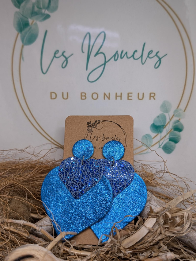 Boucles d&#039;oreilles Double coeur bleu dc062