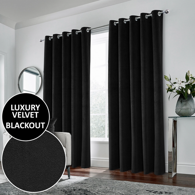 Enhanced Living Hampton Black 100% Blackout Velvet Readymade Eyelet Curtains