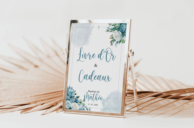 Affiche à personnaliser A5 Baptême Fleurs &amp; Blush bleu