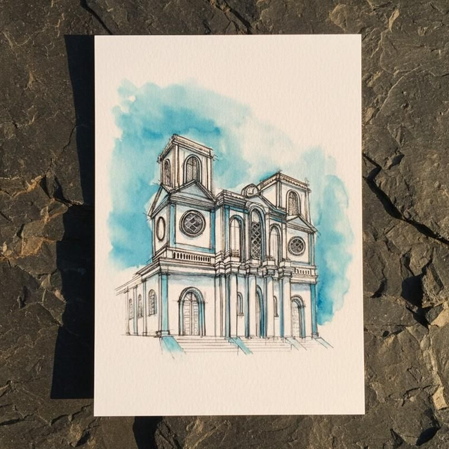 Encre et aquarelle - Église Notre-Dame de l&#039;Assomption - Sainte Marie - Martinique - reproduction