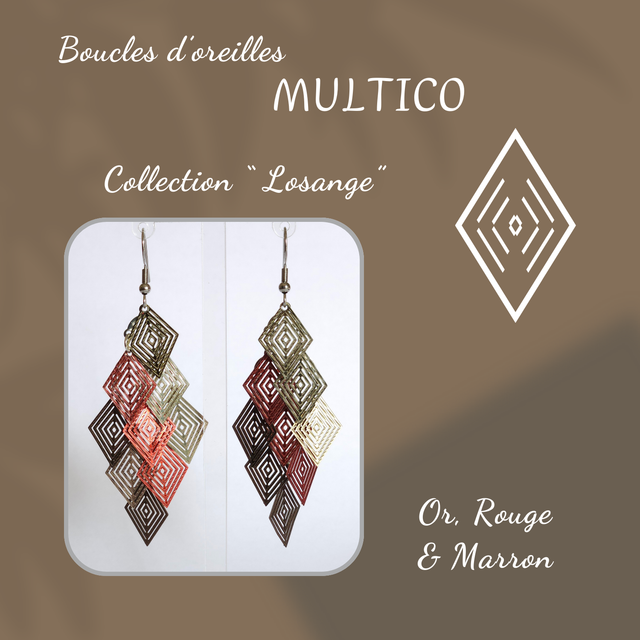 Boucles d&#039;oreilles MULTICO - Collection Losange - Or, Rouge et Marron