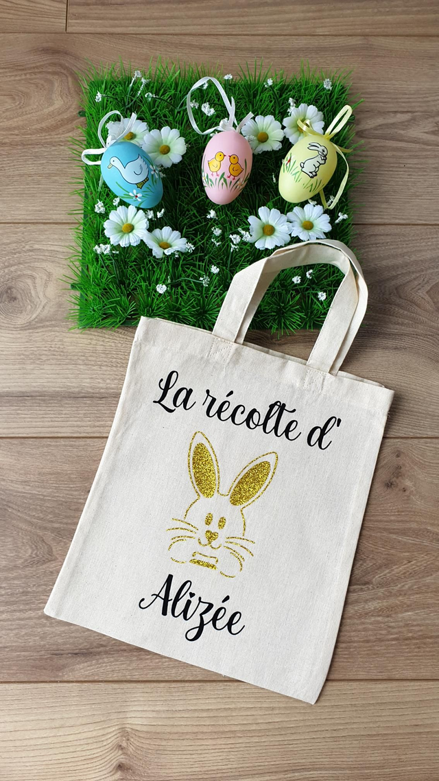 Sac de pâques lapin doré paillettes écriture noire 
