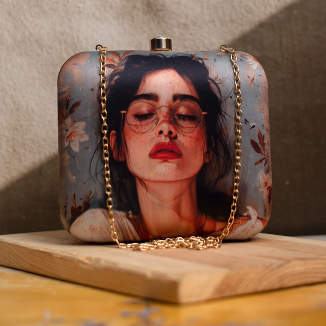 Woman Portrait Printed Clutch Bag- 7x6.5