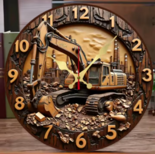 Ronde wandklok van hout Graafmachine (25cm)