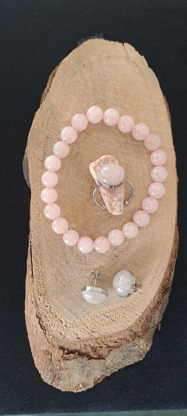 Parure en Quartz Rose et acier inoxydable