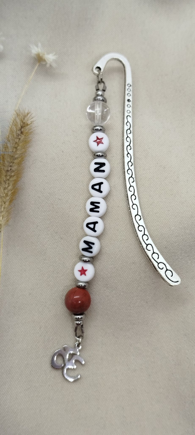 Marque-pages style tibétain avec pierres naturelles (jaspe rouge, cristal de roche)