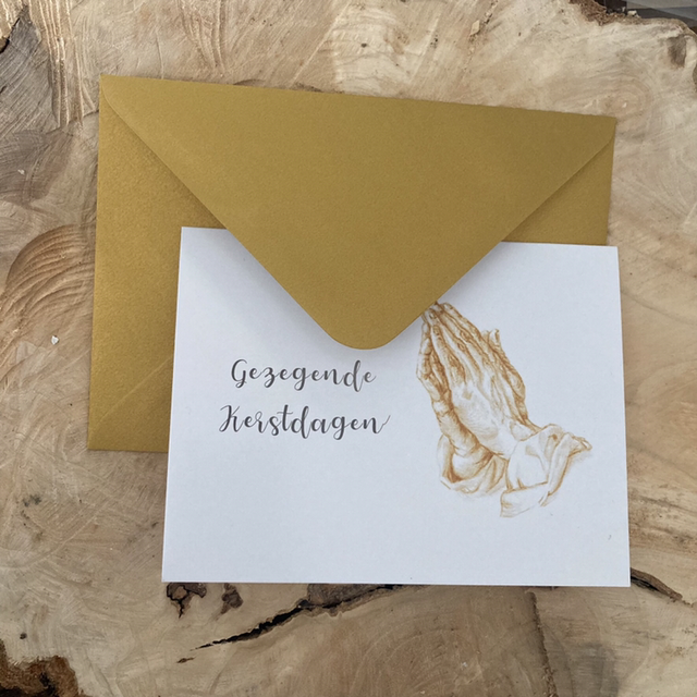 Luxe Christelijke Kerstkaart Gezegende kerstdagen Biddende Handen | dubbele ansichtkaart met goudkleurige envelop