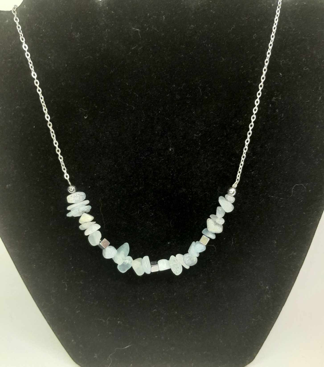 Collier acier chips aigue marine