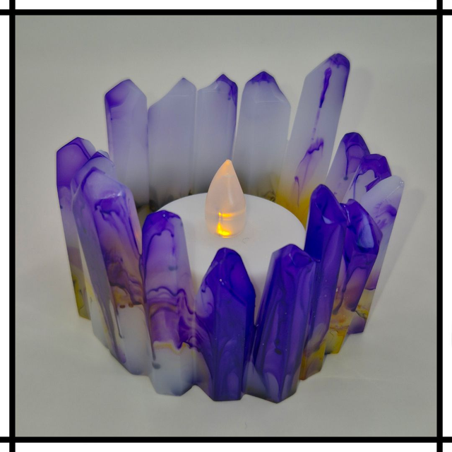 Handmade Resin Crystal Cluster Tealight Holder – Purple, White &amp; Gold | Decorative Mindfulness Home Décor - CTH-008