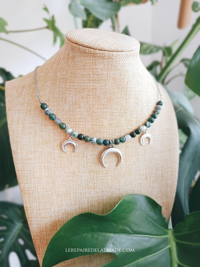 COLLIER - TRIPLE MOON (agate mousse/arbre)