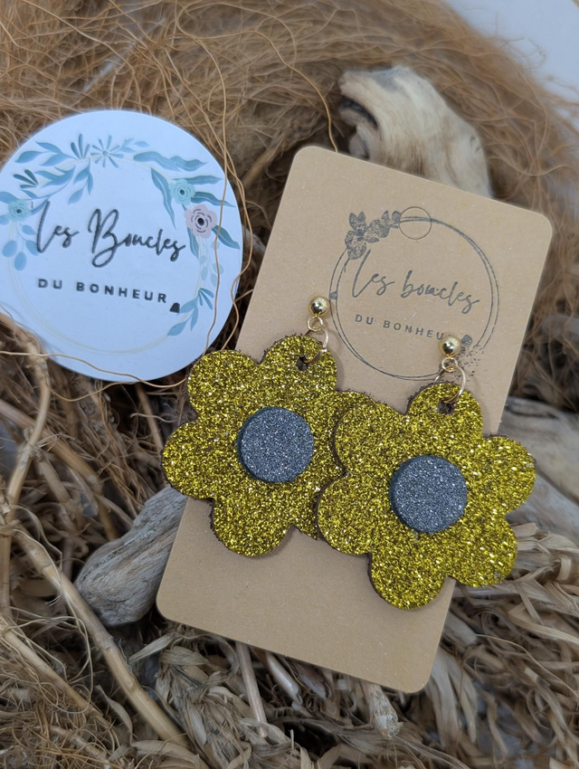 Boucles d&#039;oreilles fleur rétro m1141 doré paillettes 