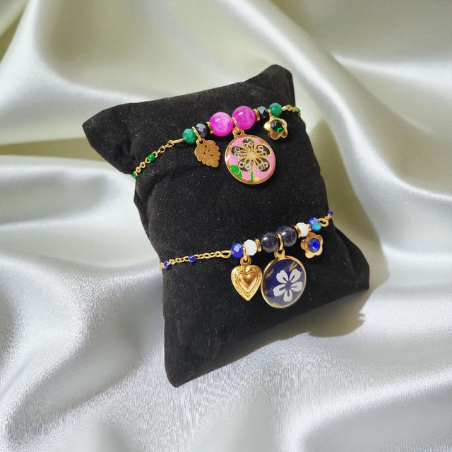 bracelet acier inoxydable motifs japonais rose fuchsia noir vert et doré