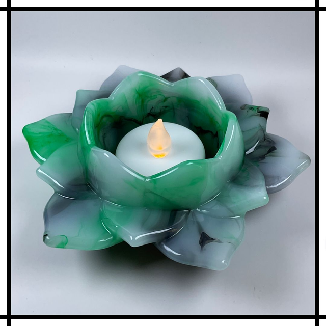 Handmade Resin Lotus Flower Tealight Holder – Ink Drop Green and Black | Decorative Mindfulness Home Décor - LTH-011