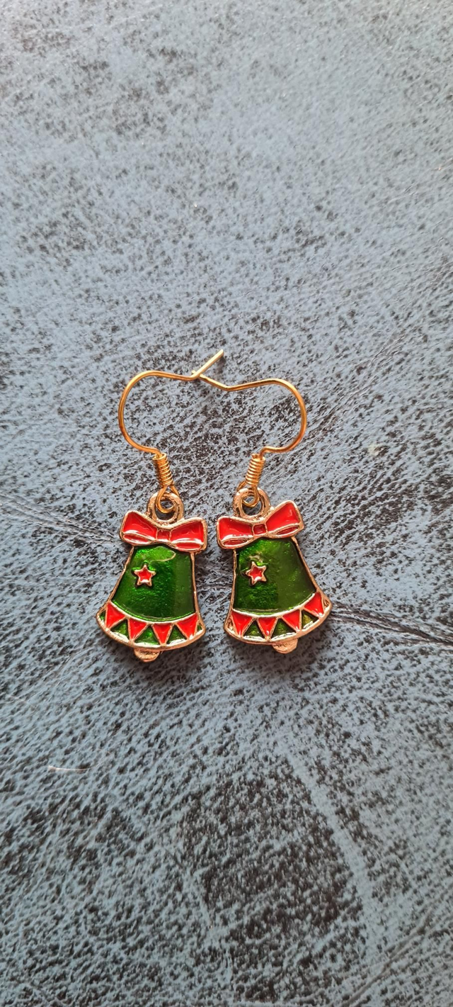 New Gold Enamel Green Red Christmas Bell Earrings Hooks