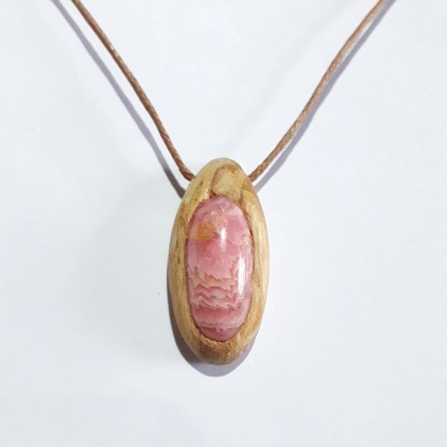 Rodocrosite Necklace with hand carved Palo Santo wood 