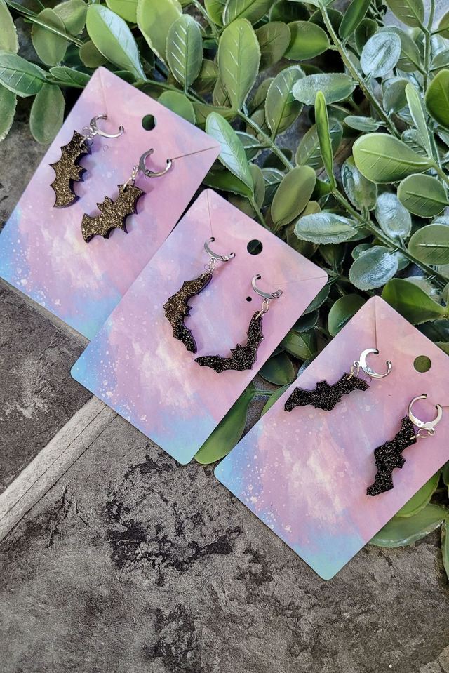 Earrings | Glittery Bats - Black Bats with Silver Glitter Sparkle | Stainless Steel Hoops