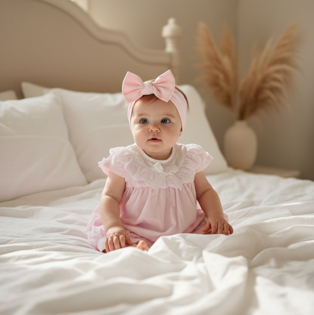 Baby Girls Pink Lace Romper With Bow 