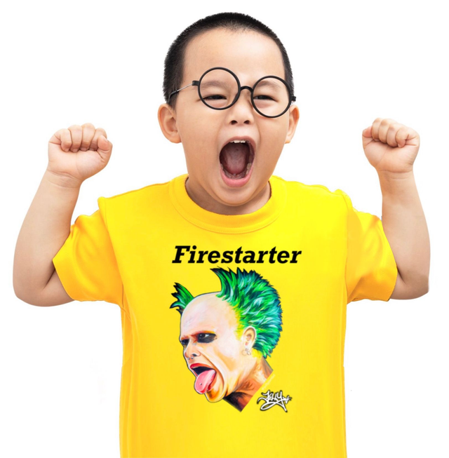 FIRESTARTER Keith Flint Prodigy childrens kids toddler sustainable yellow cotton t-shirt by Jelly