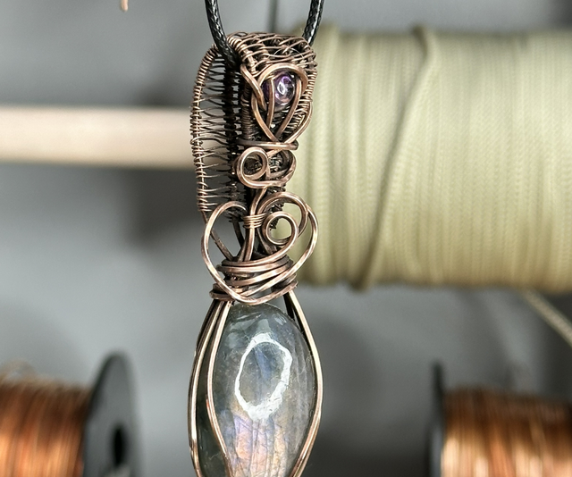 Purple labradorite pure copper wrapped pendant 