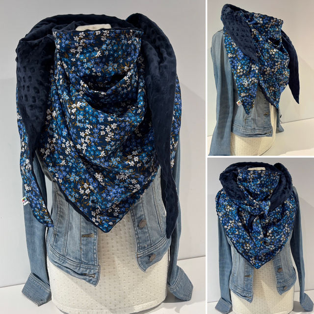 Maxi chèche, châle , écharpe bleue doublée en polaire minky bleu marine  « Happy Liberty »