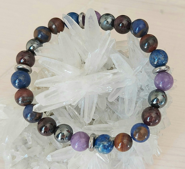 Grenat, Oeil de Fer, Lépidolite, Lapis Lazuli, Hématite &amp; Jaspe bleu doré 