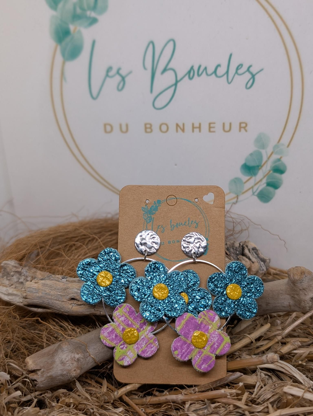 Créoles fleuries turquoise et mauve