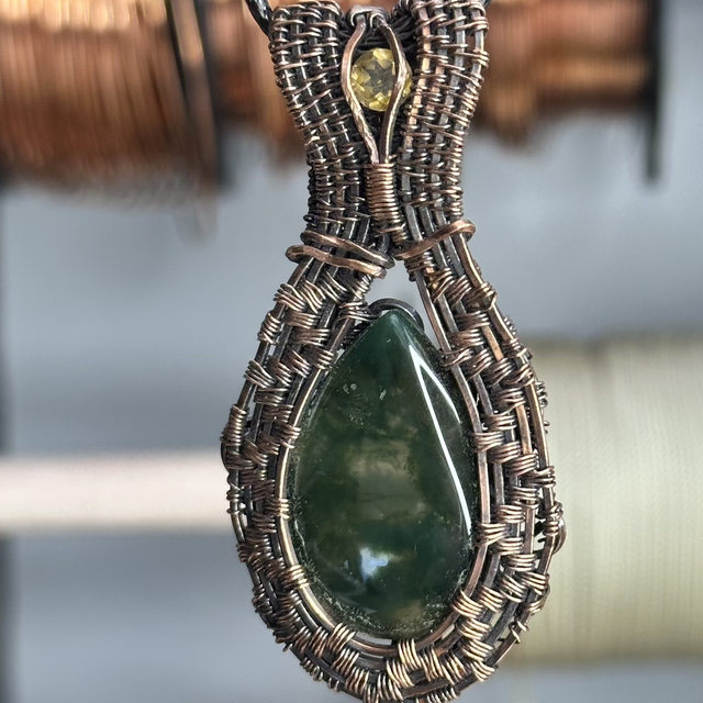 Moss Agate and yellow citrine pure copper wire wrapped pendant 