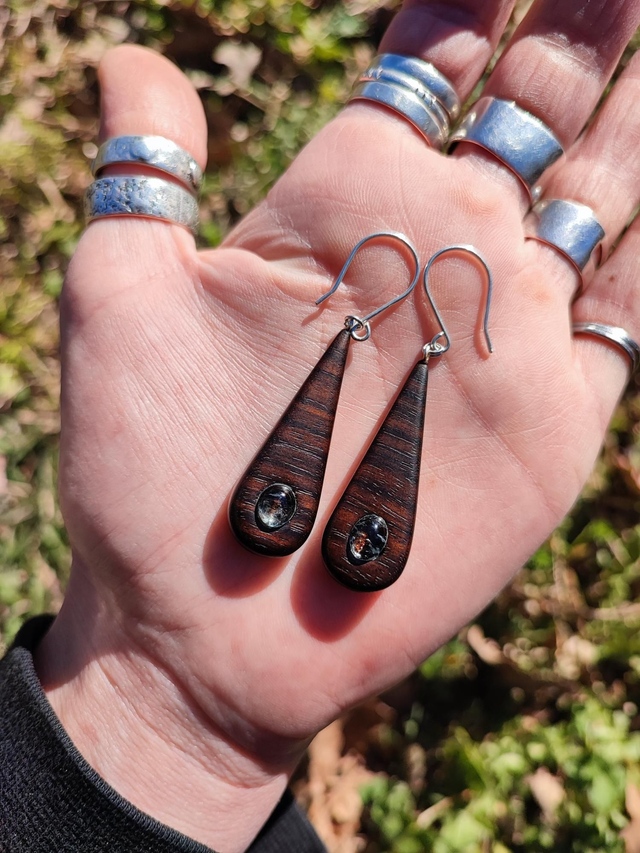 Boucles d'Oreilles en Bois d'Ébène de Macassar, Aigue Marine et Argent