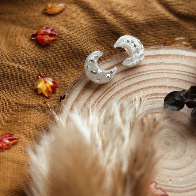 Crescent Moon Studs - White &amp; Silver