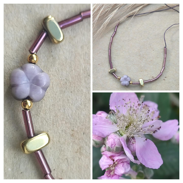 Bracelet fleur violine en verre, hématite dorée et perles miyuki, réglable et résistant, pièce unique 