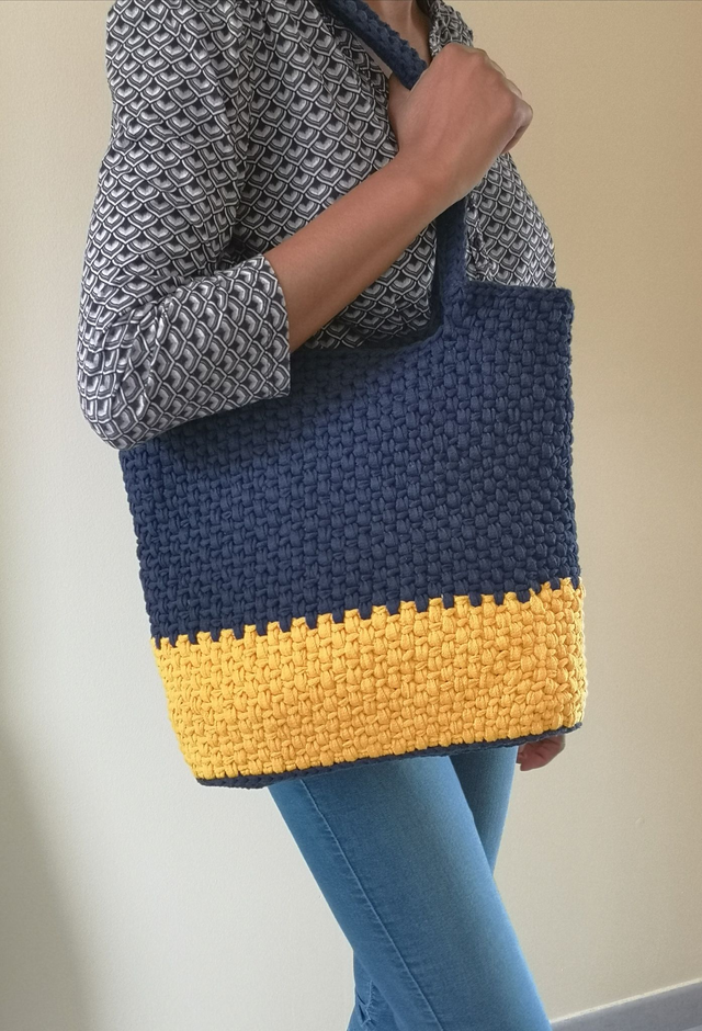 Sac cabas Jaune et Bleu Marine, Grand Sac cabas jaune et bleu, Tote Bag