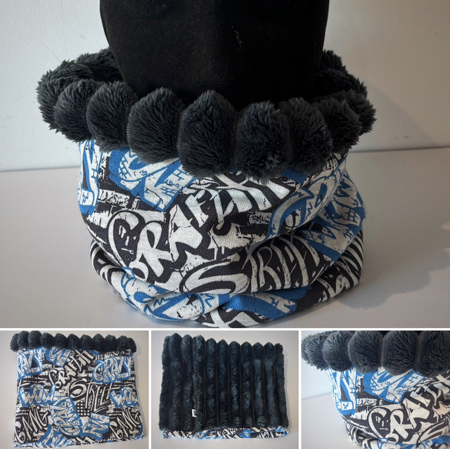 Snood , tour de cou Enfant Graffiti gris, bleu  et noir 