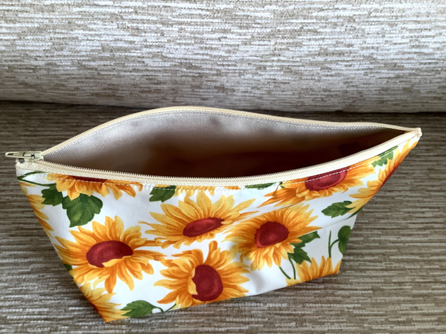 Cosmetic Toiletry Wash Bag Sunflower Fabric Zip Closure and Waterproof PU lining.