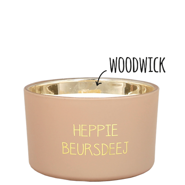 Geurkaars met houten lont (Woodwick) | Heppie Beursdeej