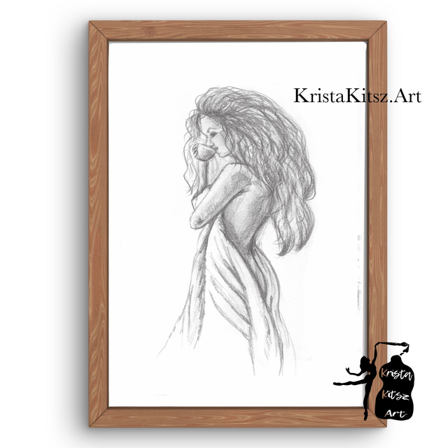 Vrouw drinkt koffie, tekenkunst ,  luxe kunstprint op fine art papier van originele tekening 