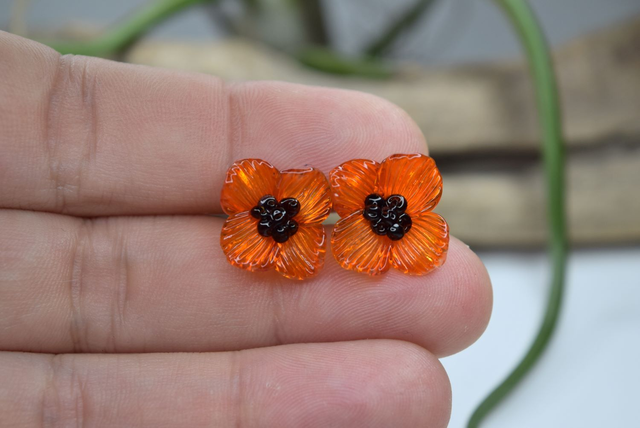 PUCES FLEURS ORANGE TRANSLUCIDE MONTURE INOX GRIS (PF4)