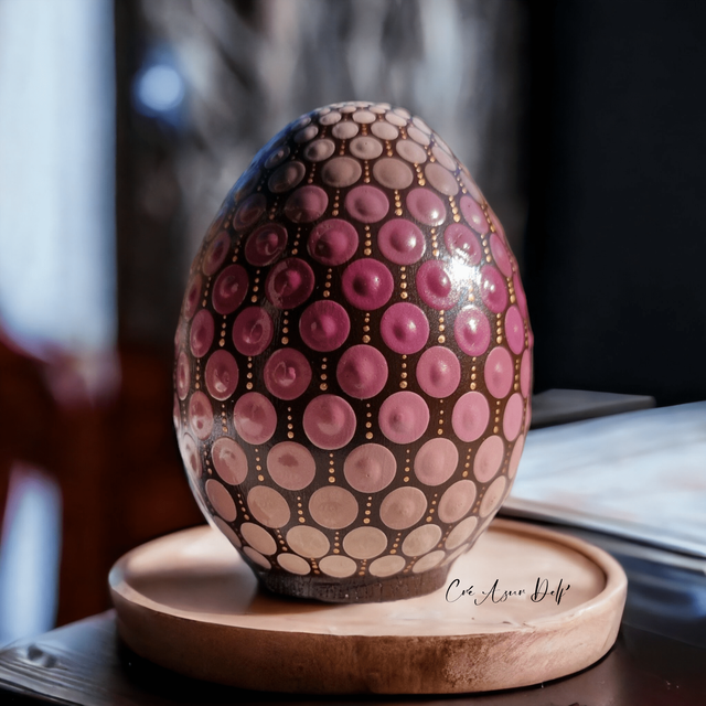 Oeuf en plâtre personnalisé en pointillisme chocolat/framboise  décoration de pâques