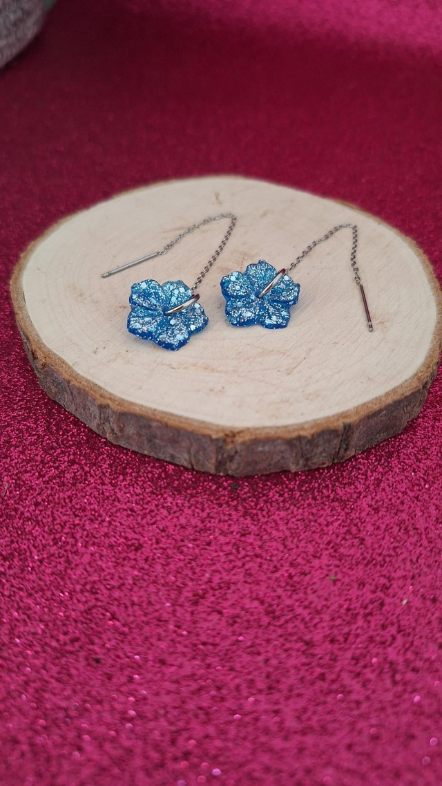 BO argentés Hibiscus bleu/paillettes argentées 