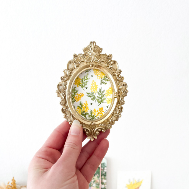Aquarelle originale - Cadre doré miniature Motif Mimosa 