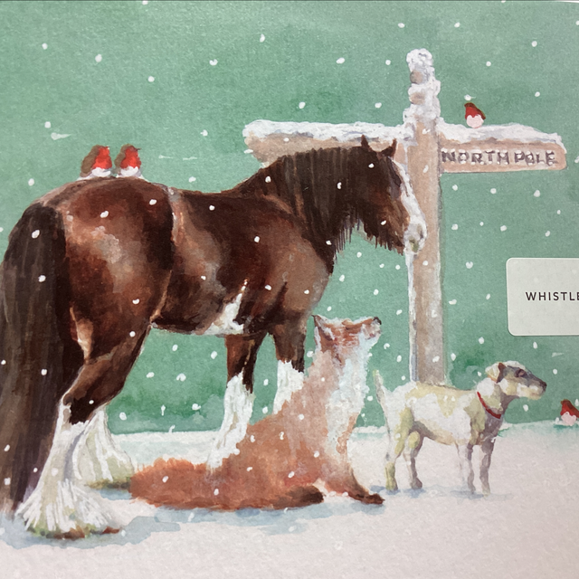 Christmas Open Whistlefish- Horse, fox and dog by signpost. 